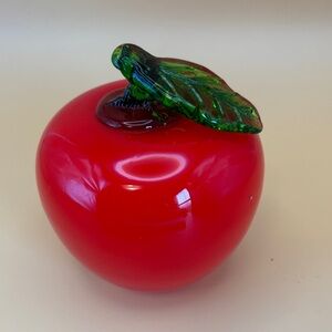 Vintage Murano Style Hand Blown Red Glass Apple with Green Leaf Accent